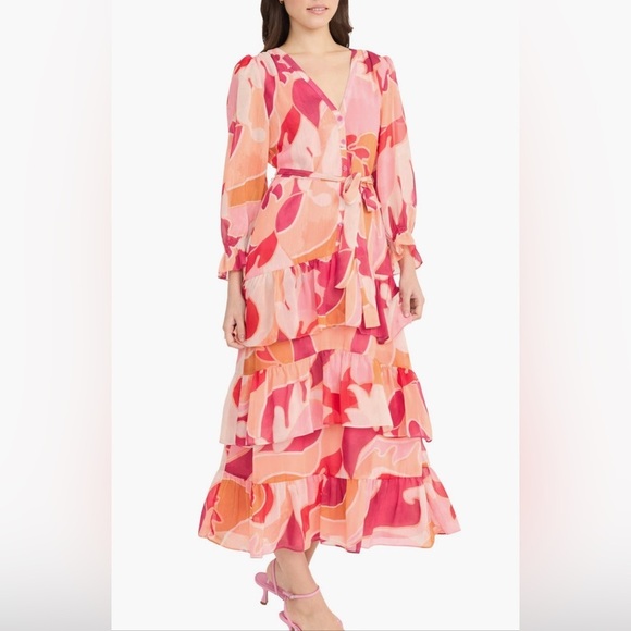 Donna Morgan Long Sleeve Ruffle Tier Print Chiffon Maxi Dress Size 2 - Picture 4 of 15